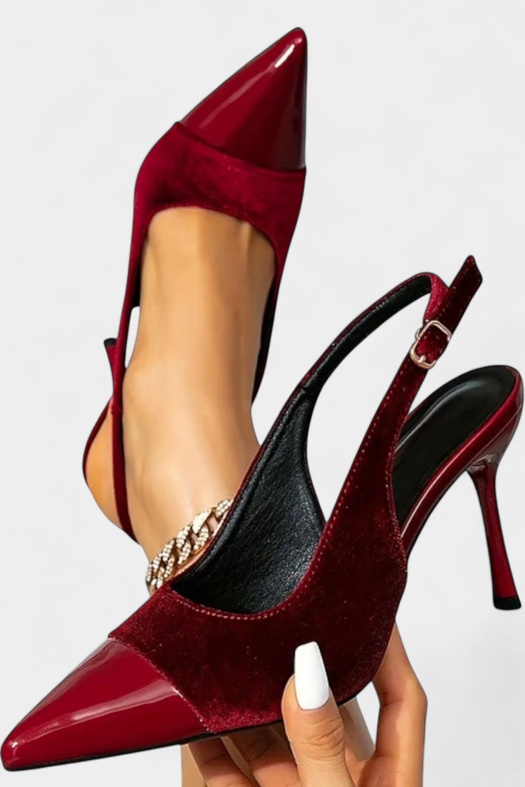 Candice samettiset stilettokorkoiset kengät tilkkutöillä